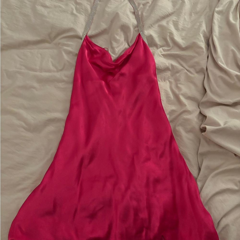Astr pink satin and rhinestone mini dress